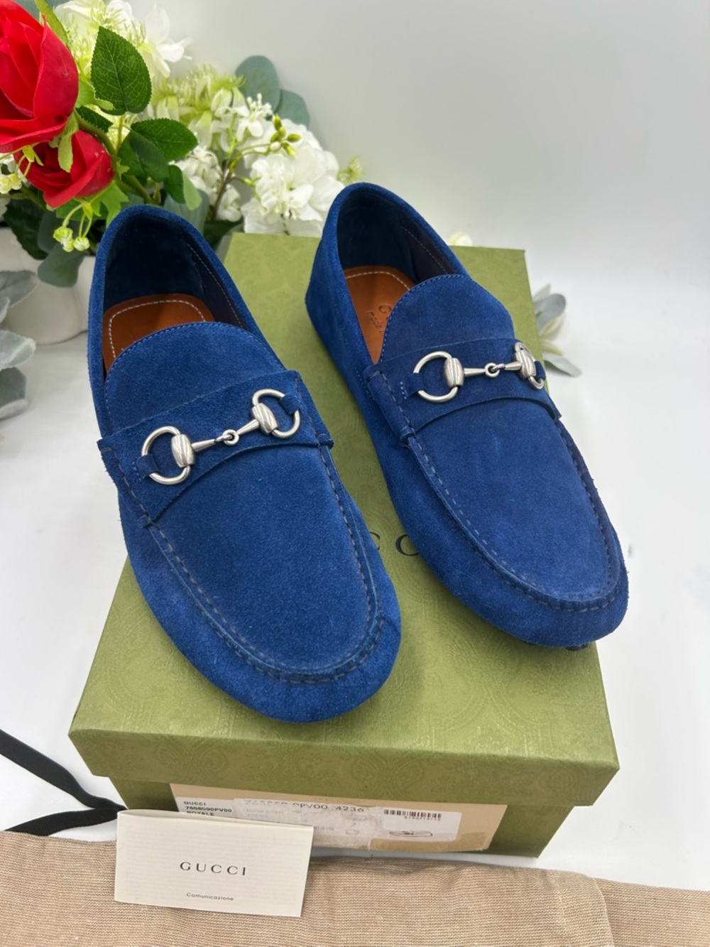 Men's Gucci horse bit blue suede loafers size 7 fits 8 US made in Italy